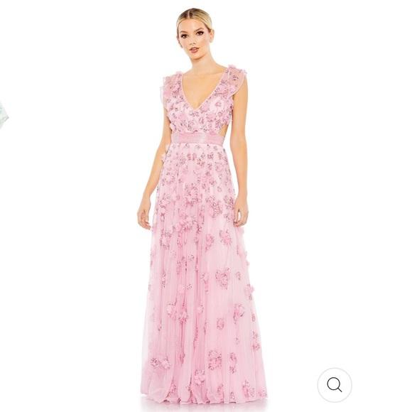 Mac Duggal Floral Embellished Lace Up Flowy Gown
